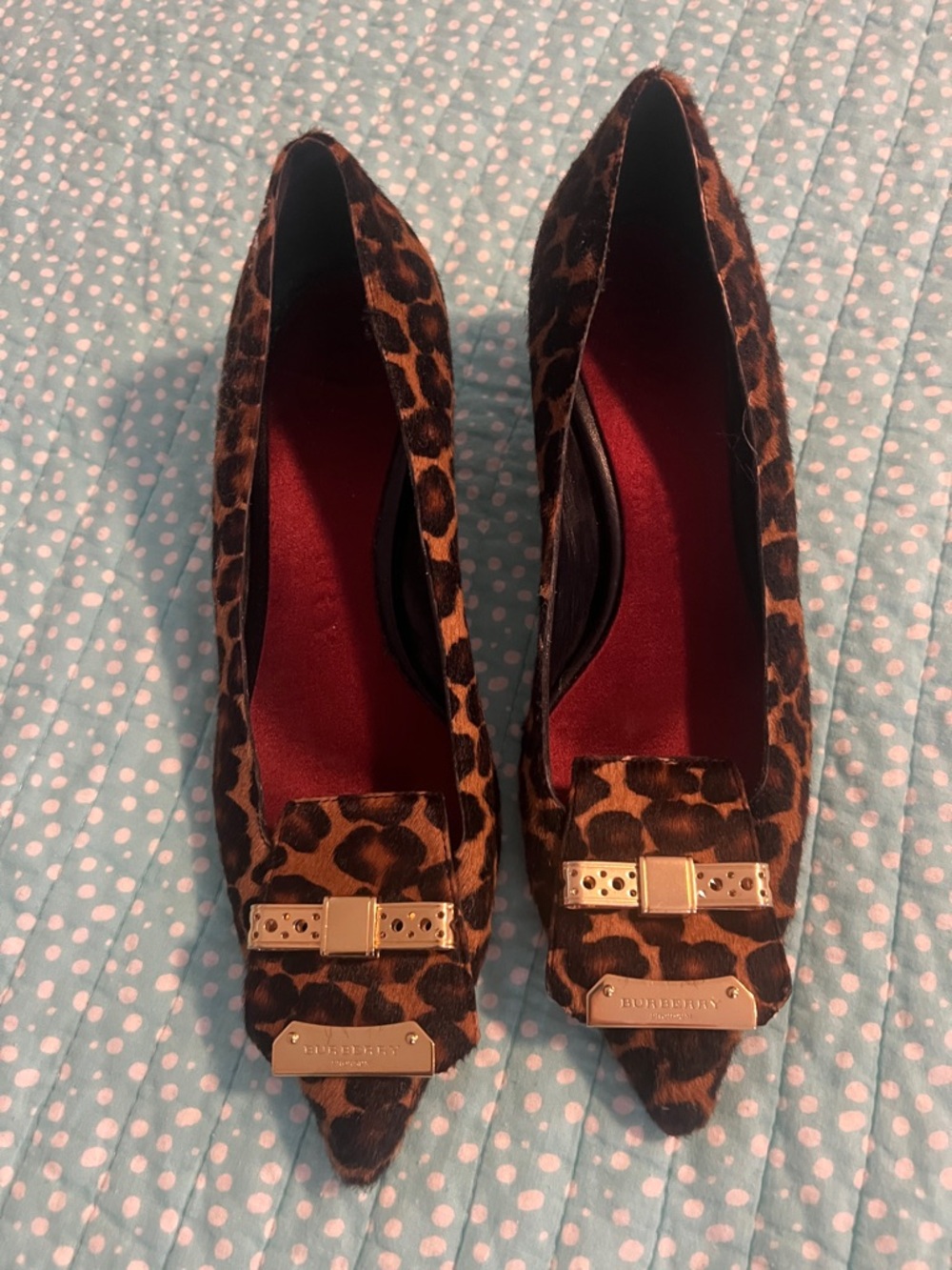 Burberry Leopard-Print Pointed kitten heels with Gold Buckle